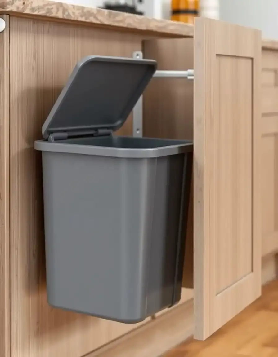 Wall-Mounted Folding Trash Can on cabinet door