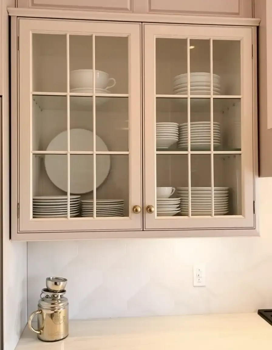 Elegant glass front kitchen cupboard doors displaying dishes