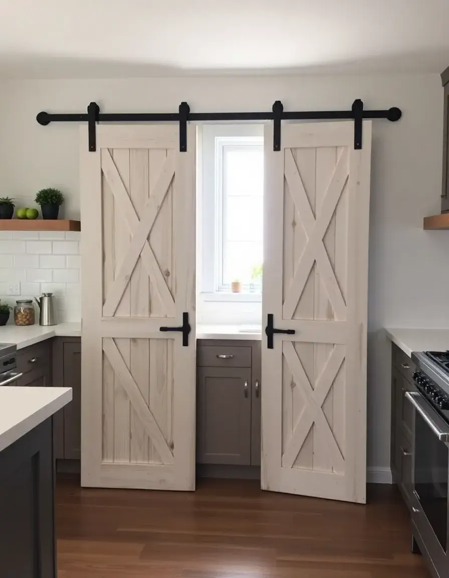 Farmhouse style sliding kitchen cupboard doors with metal track