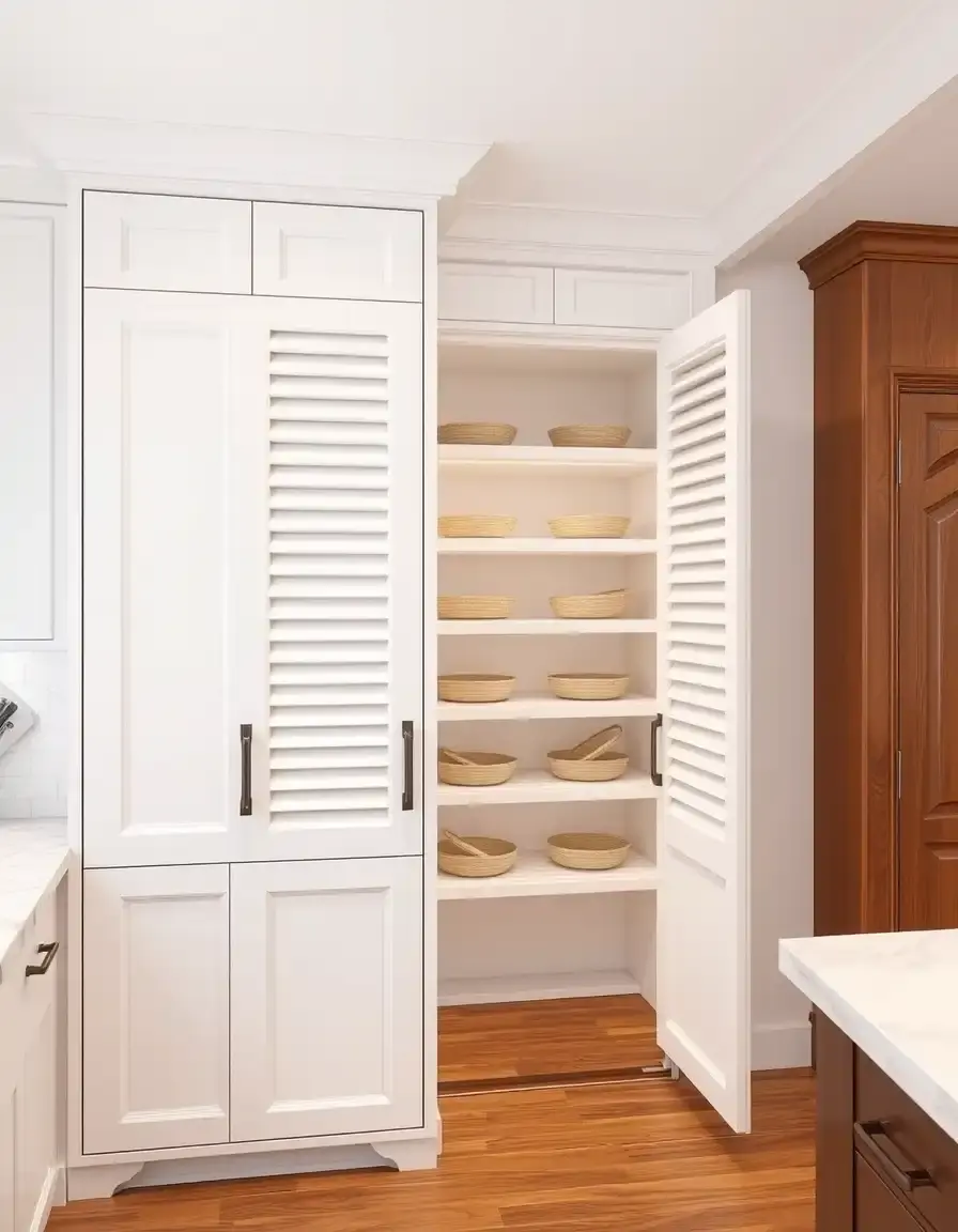 White louvered kitchen cabinet doors for ventilation