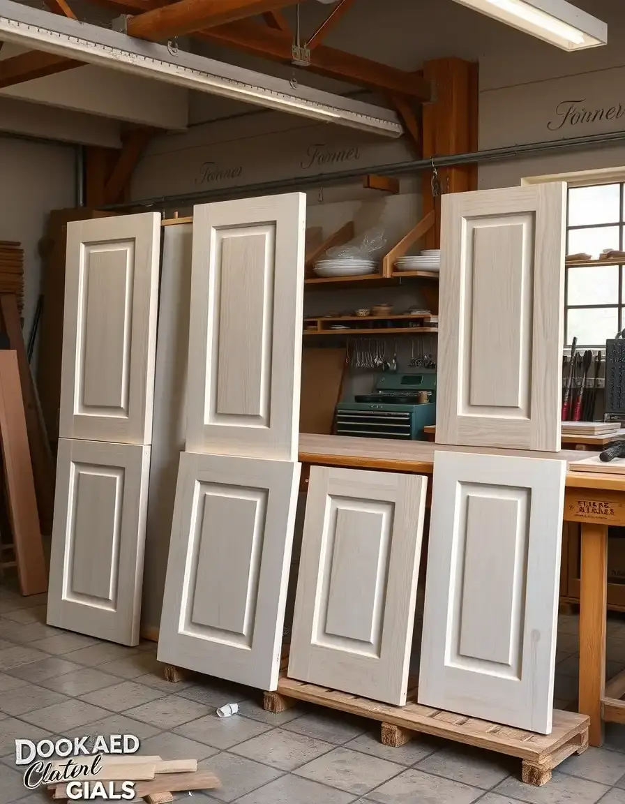Selection of custom sized kitchen cupboard doors in a workshop