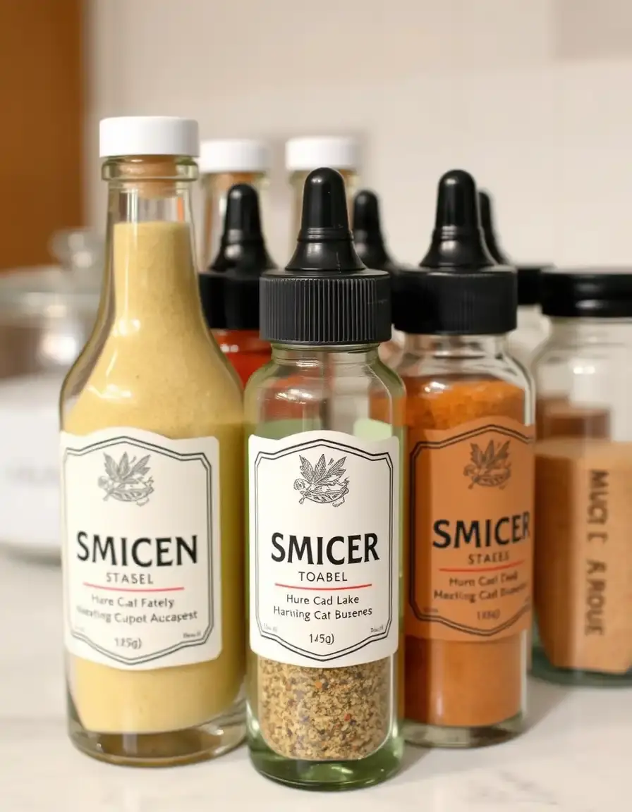 Clear glass spice kitchen bottles with labels