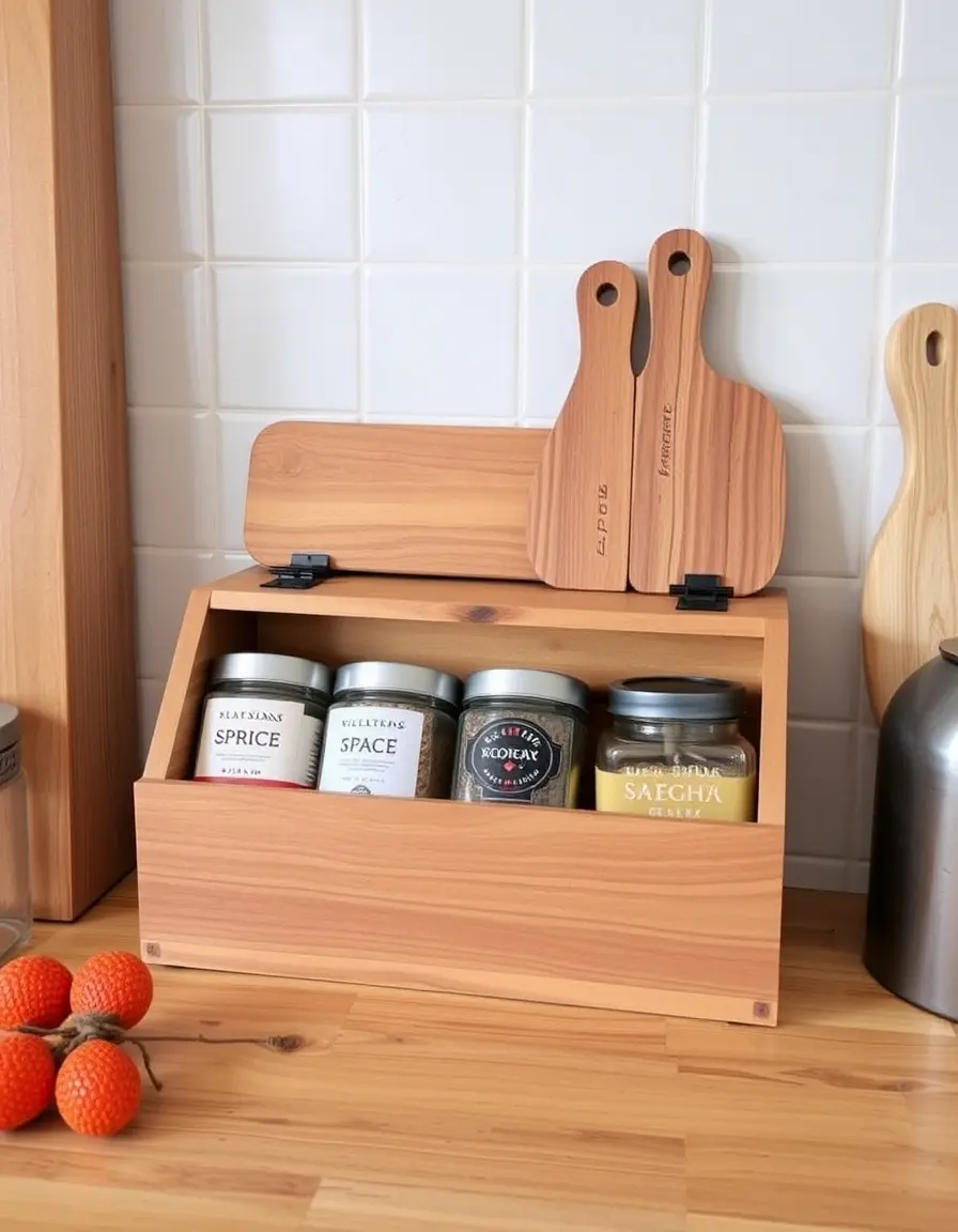 Hinged wooden spice kitchen box storage