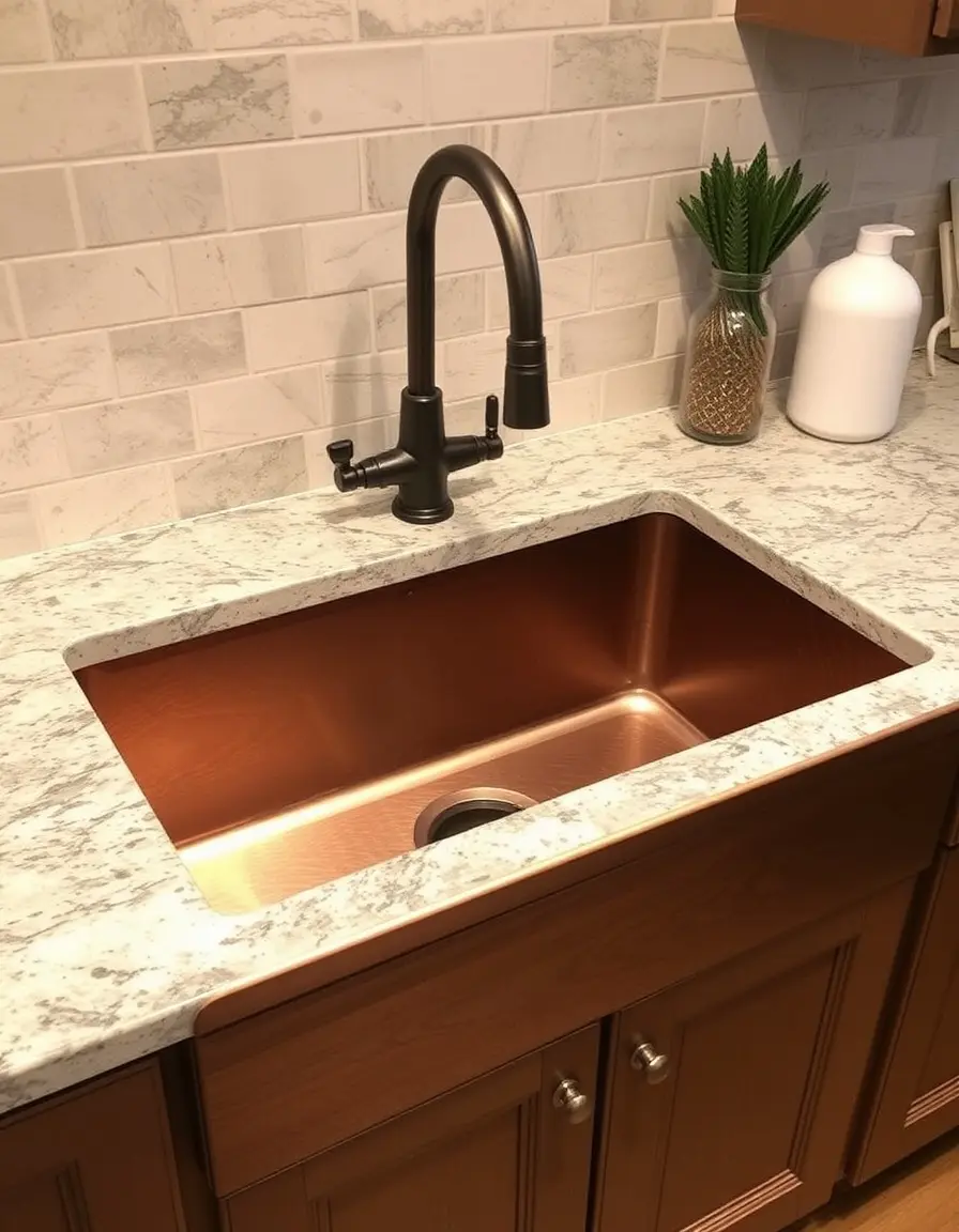 Hammered copper undermount kitchen sink patina