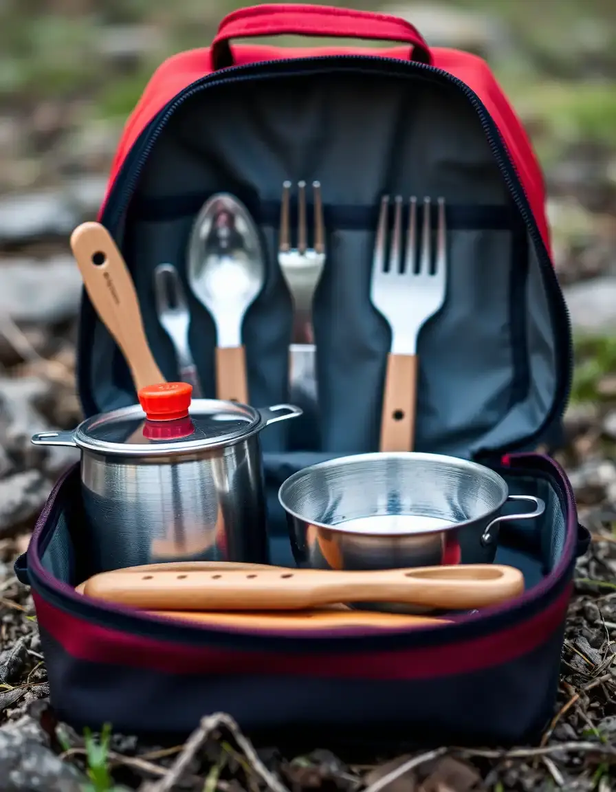 Compact camping kitchen utensil kit in bag