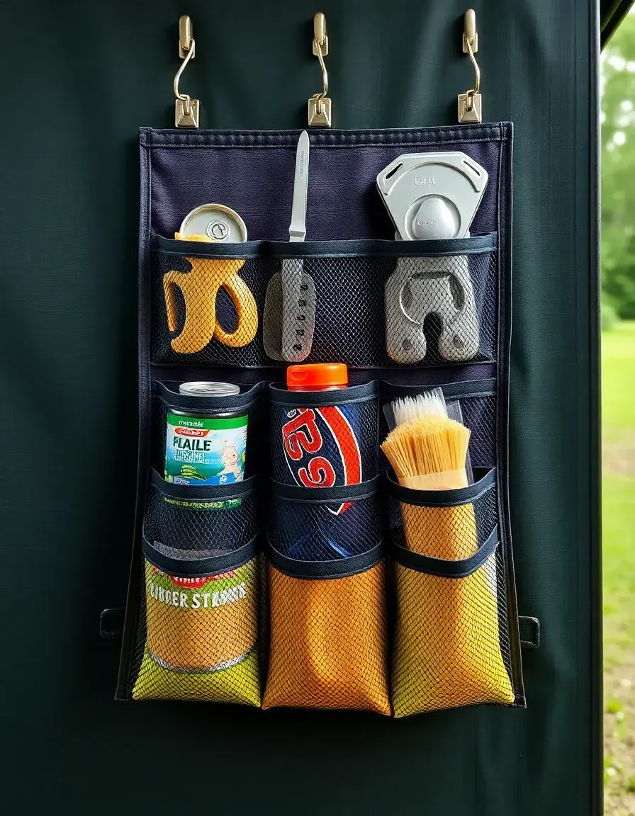 Mesh camping kitchen organizer hanging pockets