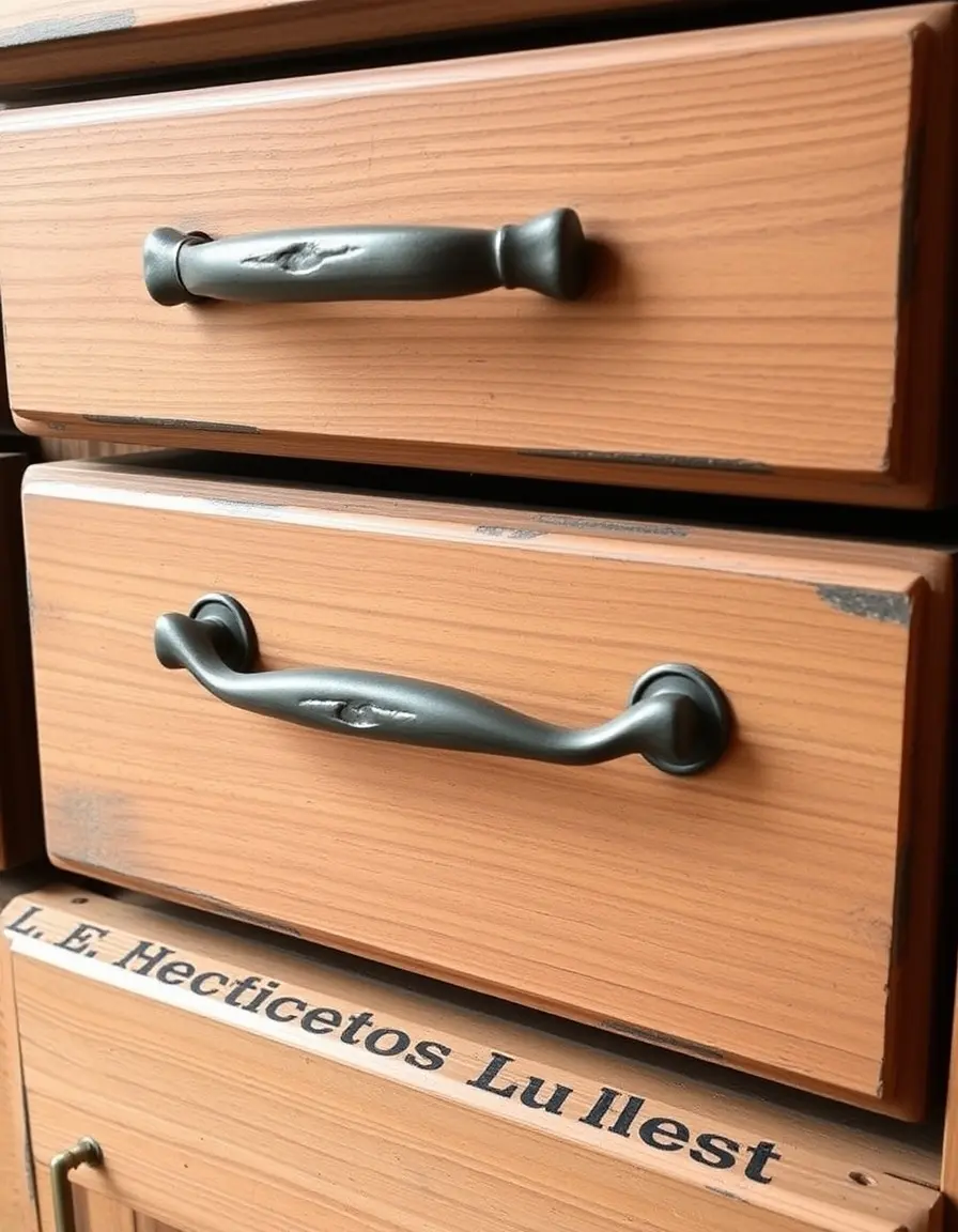 Weathered rustic kitchen cabinet handles iron