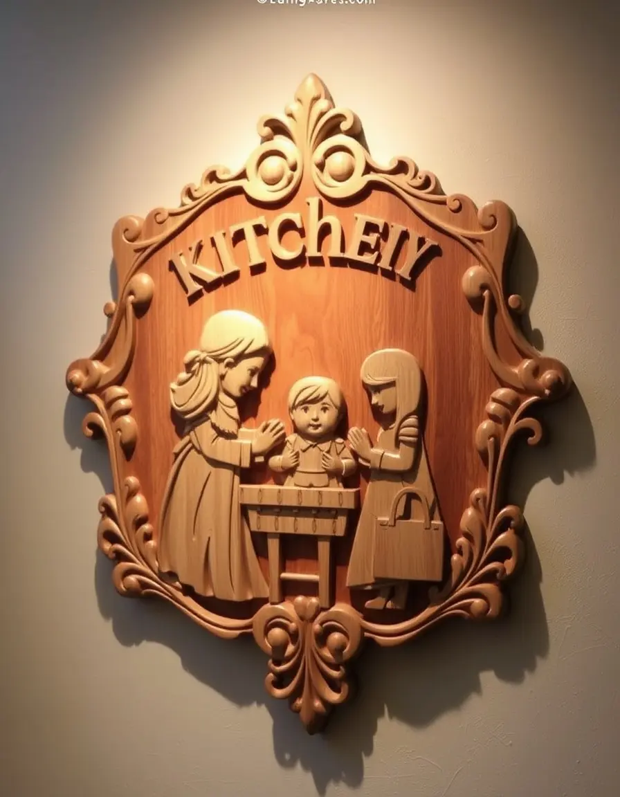 Carved wooden kitchen wall art plaque about family