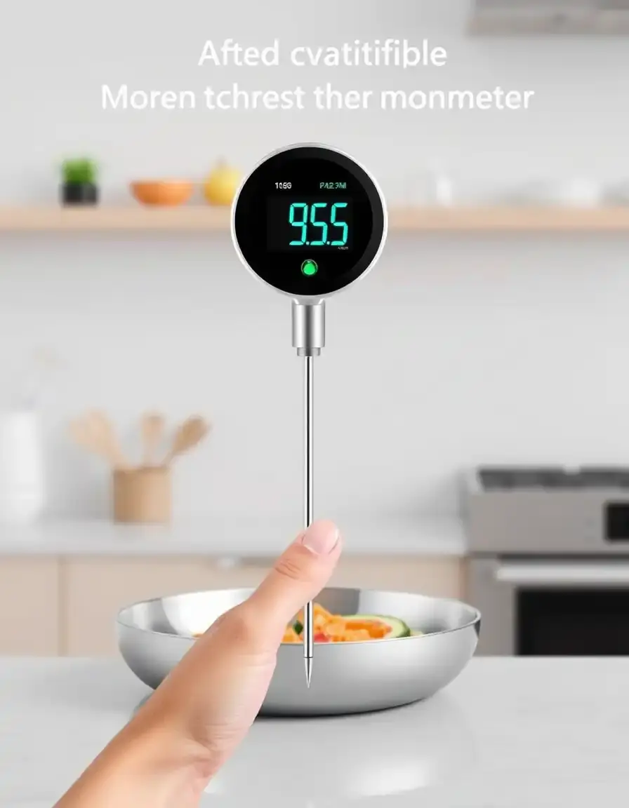 Smart Modern Kitchen Thermometer probe on a wooden board