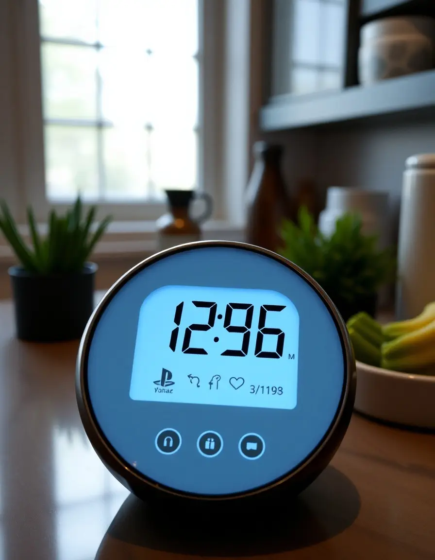 Digital touchscreen modern kitchen timer on a backsplash