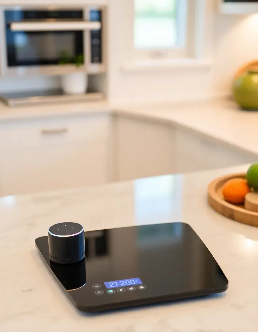 Voice control modern kitchen scale with bowl of flour