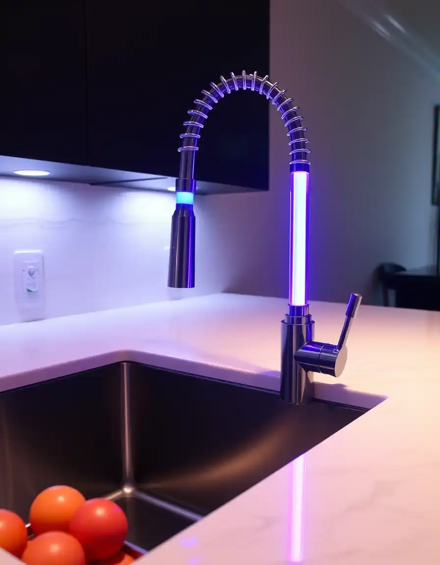 Illuminated LED modern kitchen faucet with blue light