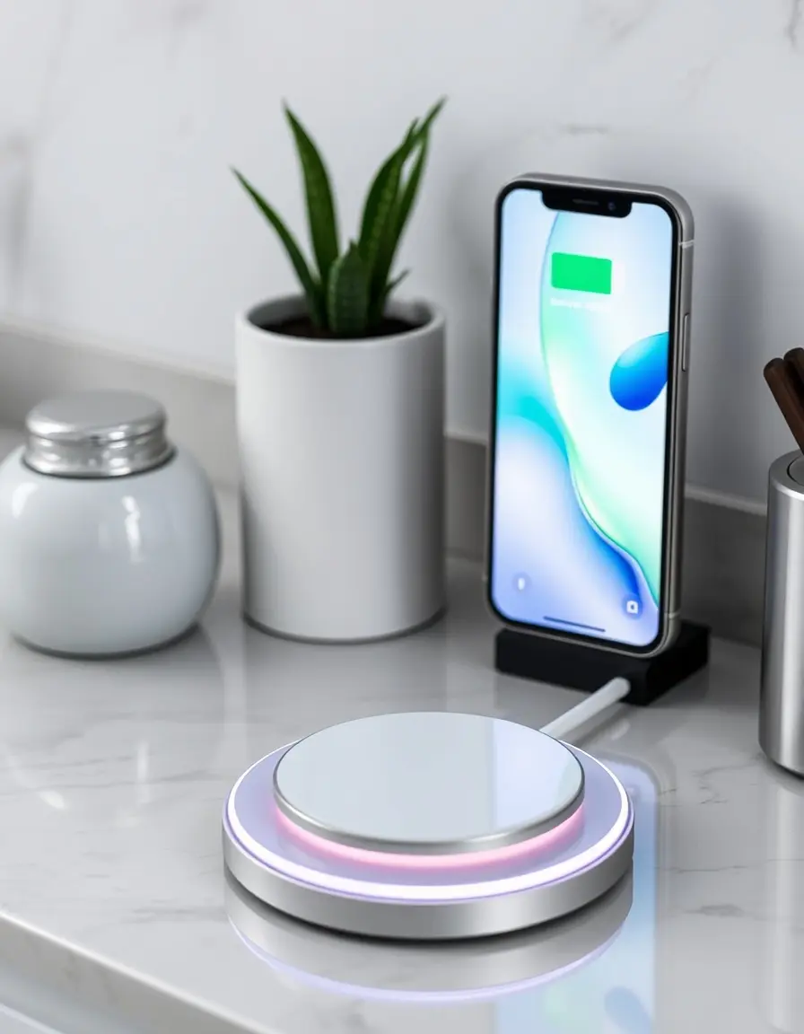 Qi wireless modern kitchen charger pad on a countertop