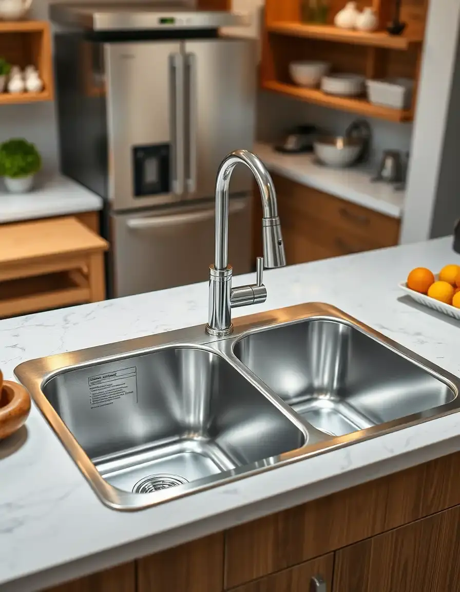 Top-mount double bowl kitchen sink stainless in a busy kitchen environment