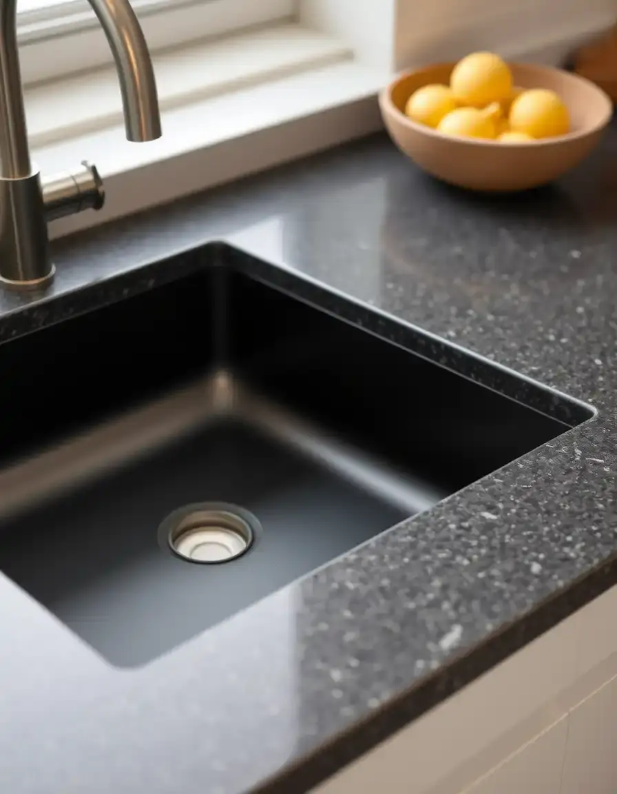 Black undermount granite composite sink, single bowl, modern aesthetic