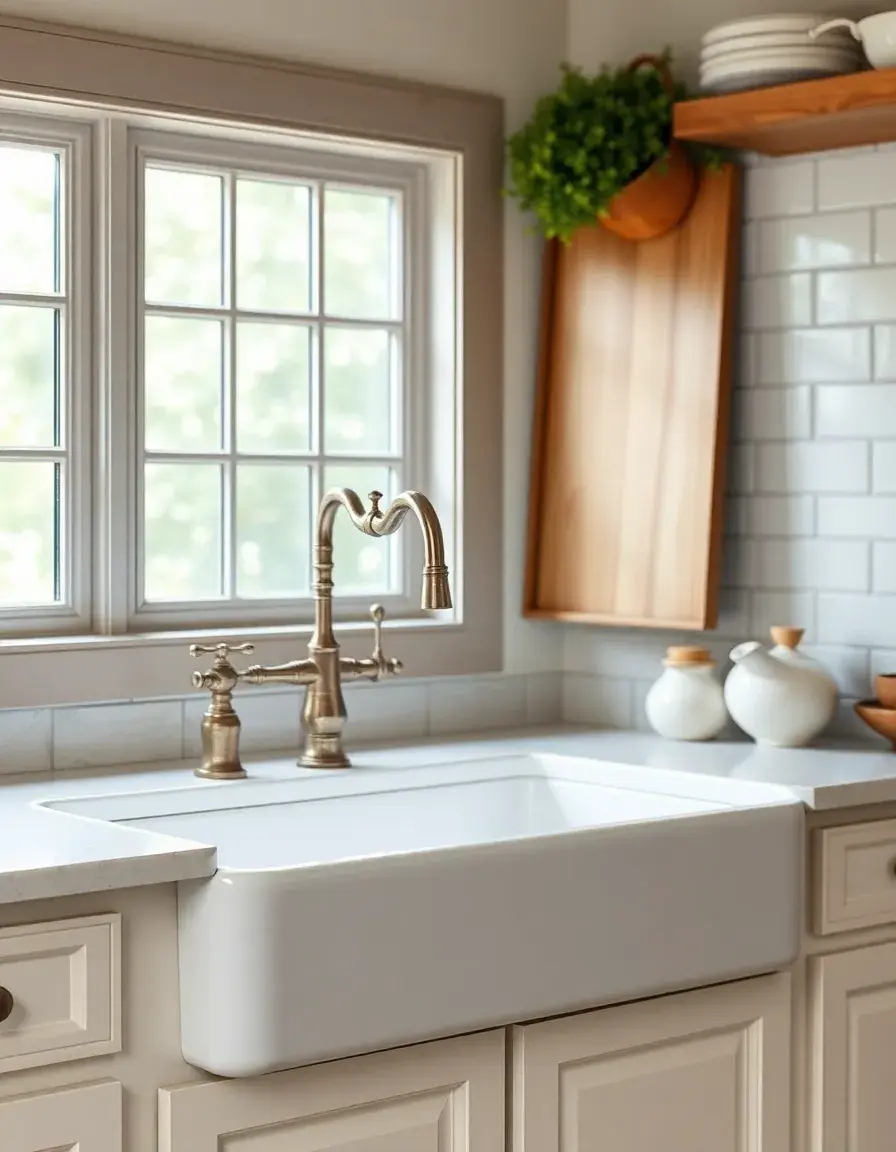 White porcelain farmhouse kitchen sink with apron front and vintage faucet