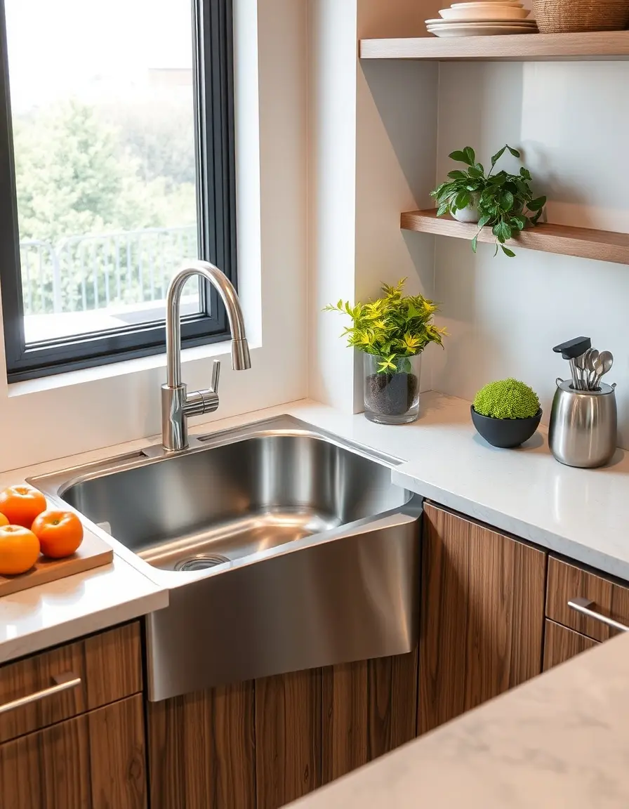Stainless corner kitchen sink undermount, space efficient L-shape