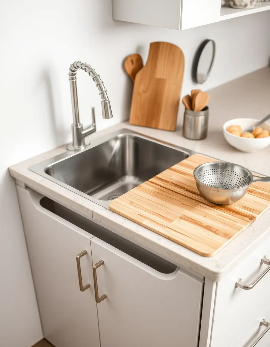 Workstation kitchen sink with integrated cutting board and colander