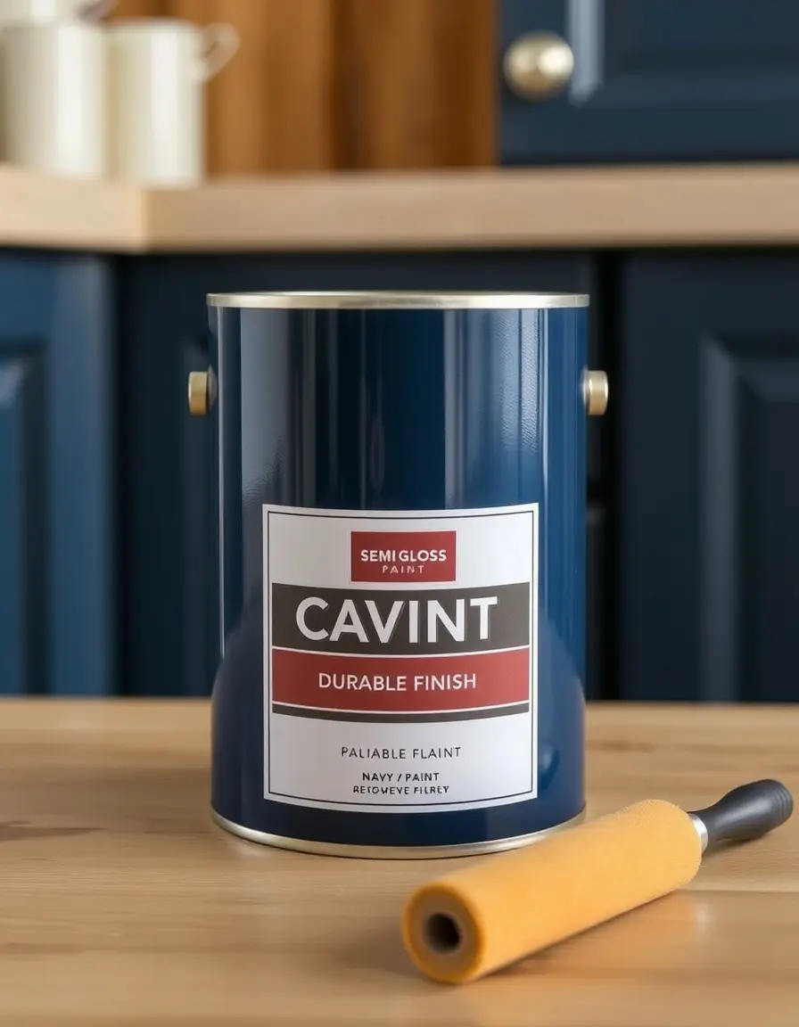 Durable semi-gloss navy blue cabinet paint can with roller