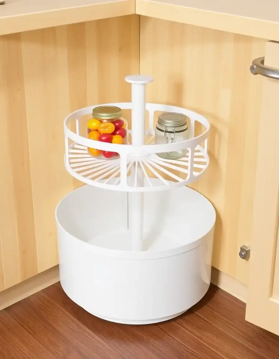 Two-tier white plastic lazy Susan organizer spinning in a corner cabinet