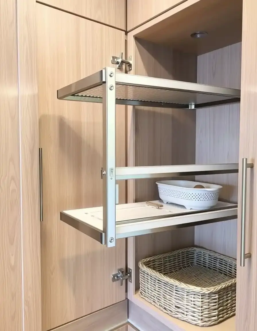 Chrome pull-out shelf system for blind corner cabinets with wire baskets