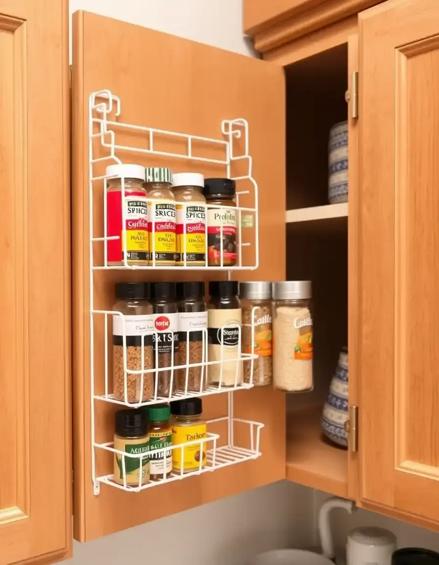 Door-mounted spice rack for corner cabinets with white wire shelves