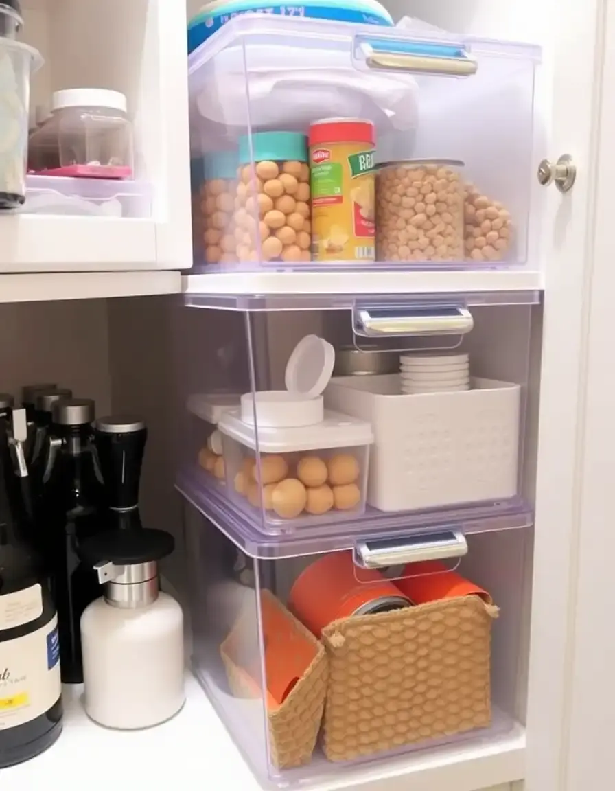 Clear plastic stackable organizer bins for kitchen pantry items