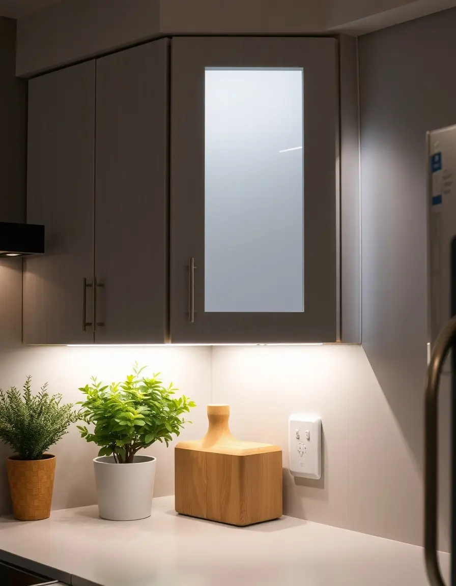 LED motion sensor light strip illuminating the dark corner of a cabinet