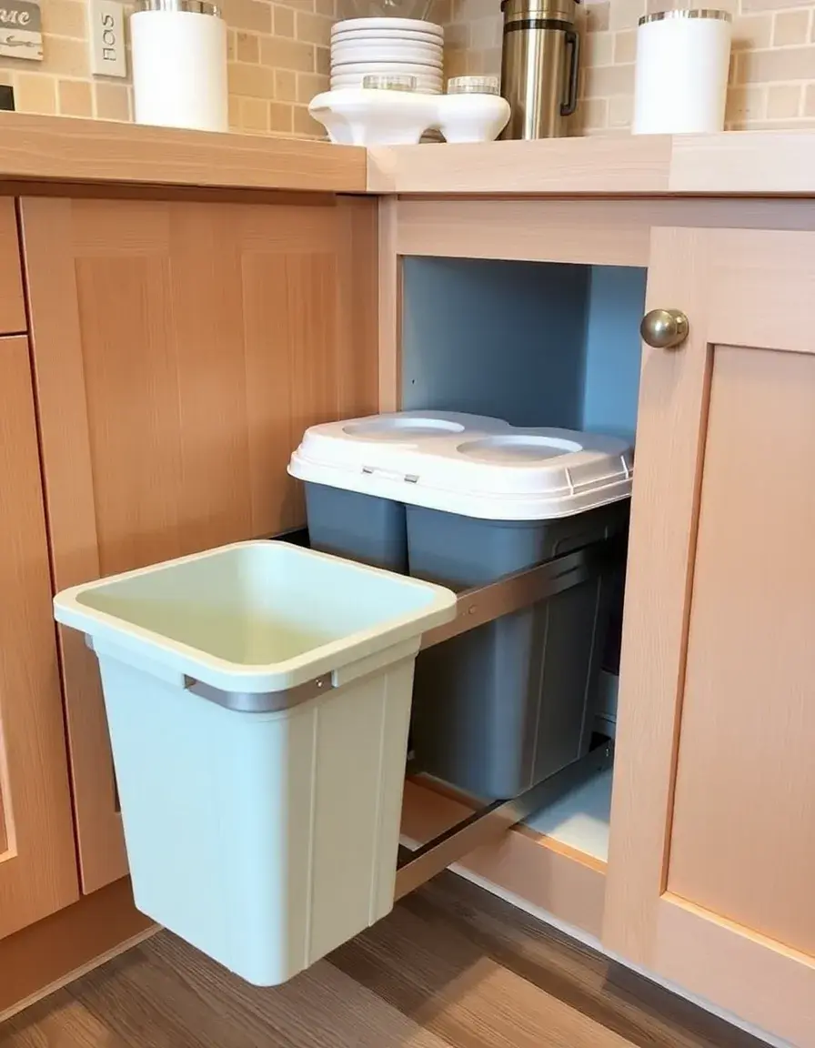 Dual pull-out trash bin system installed in a corner cabinet