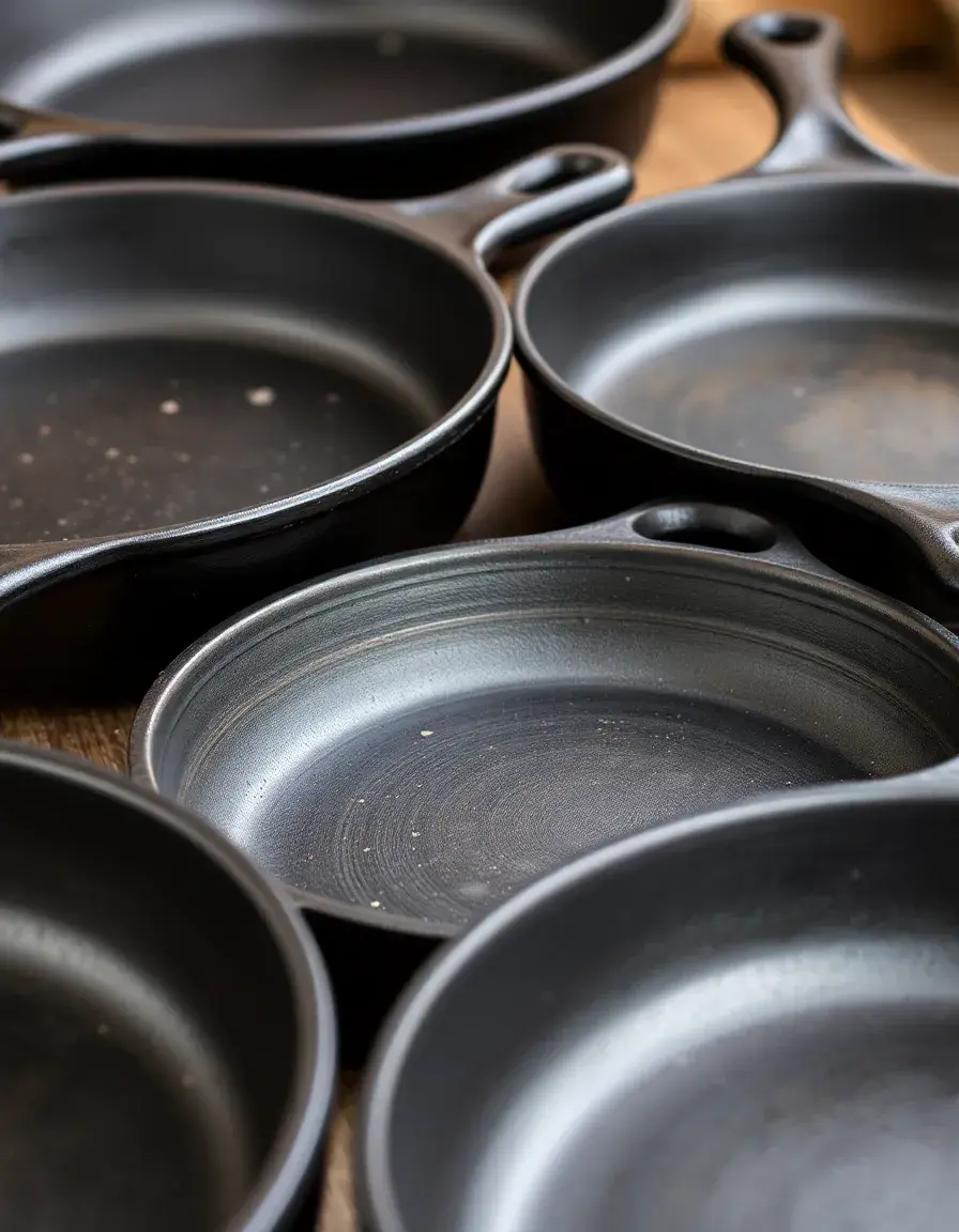 Set of black cast iron skillets