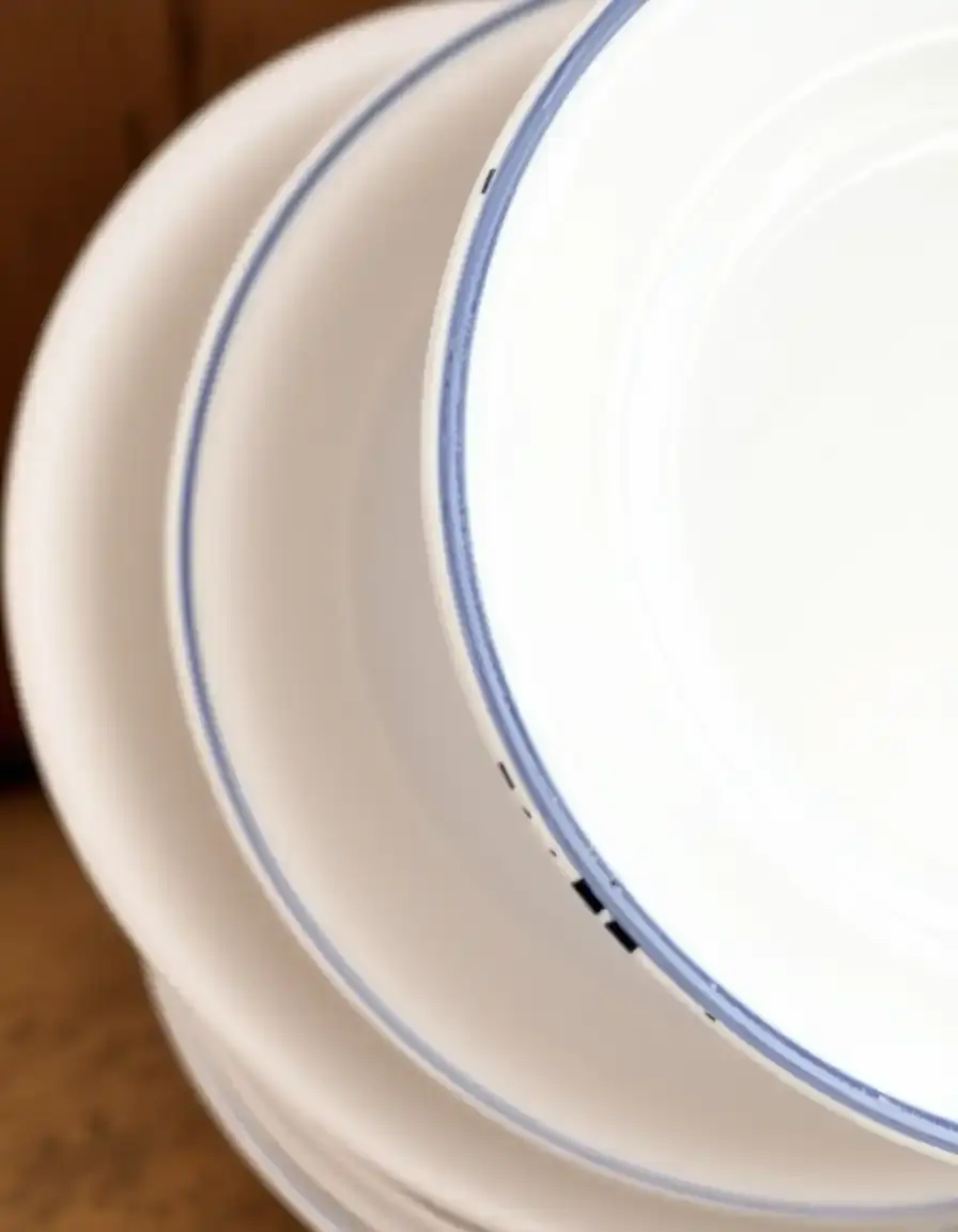White enamelware plates with blue rim