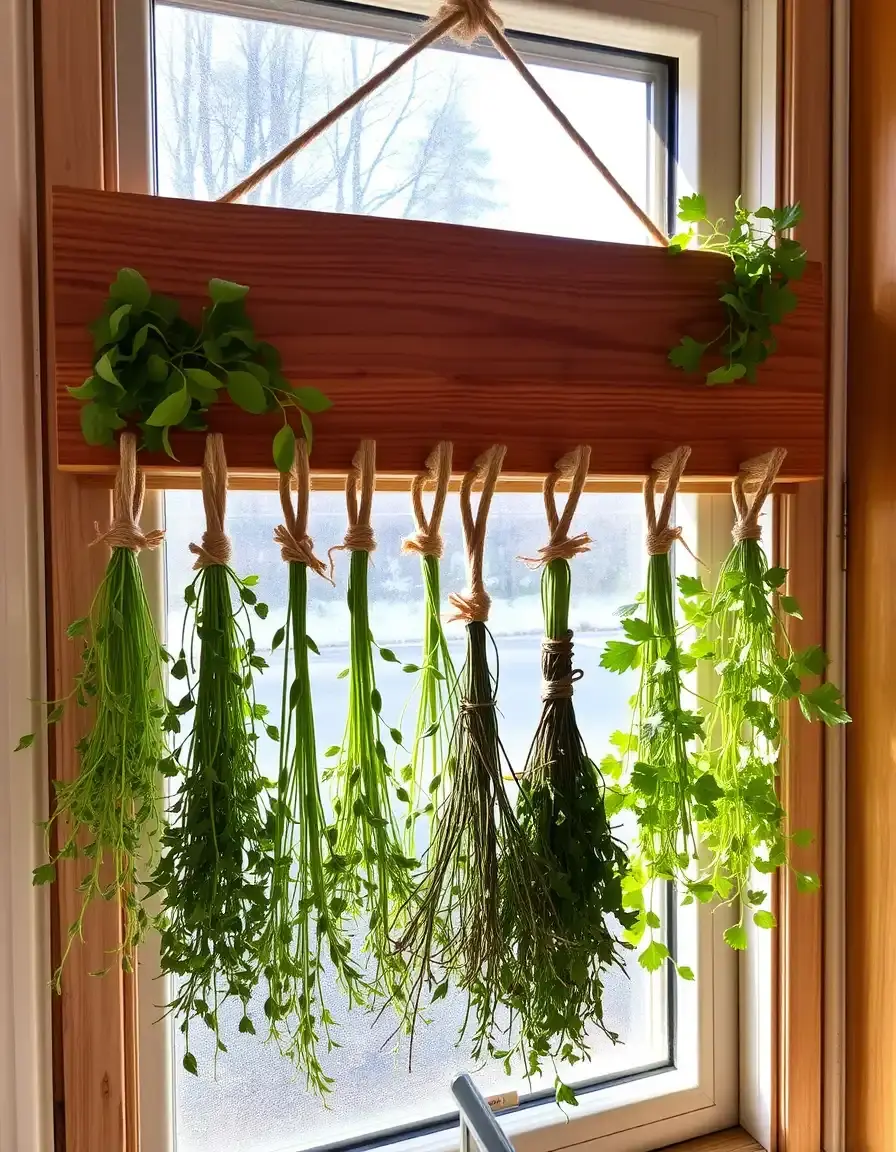 Wooden herb drying rack in kitchen window