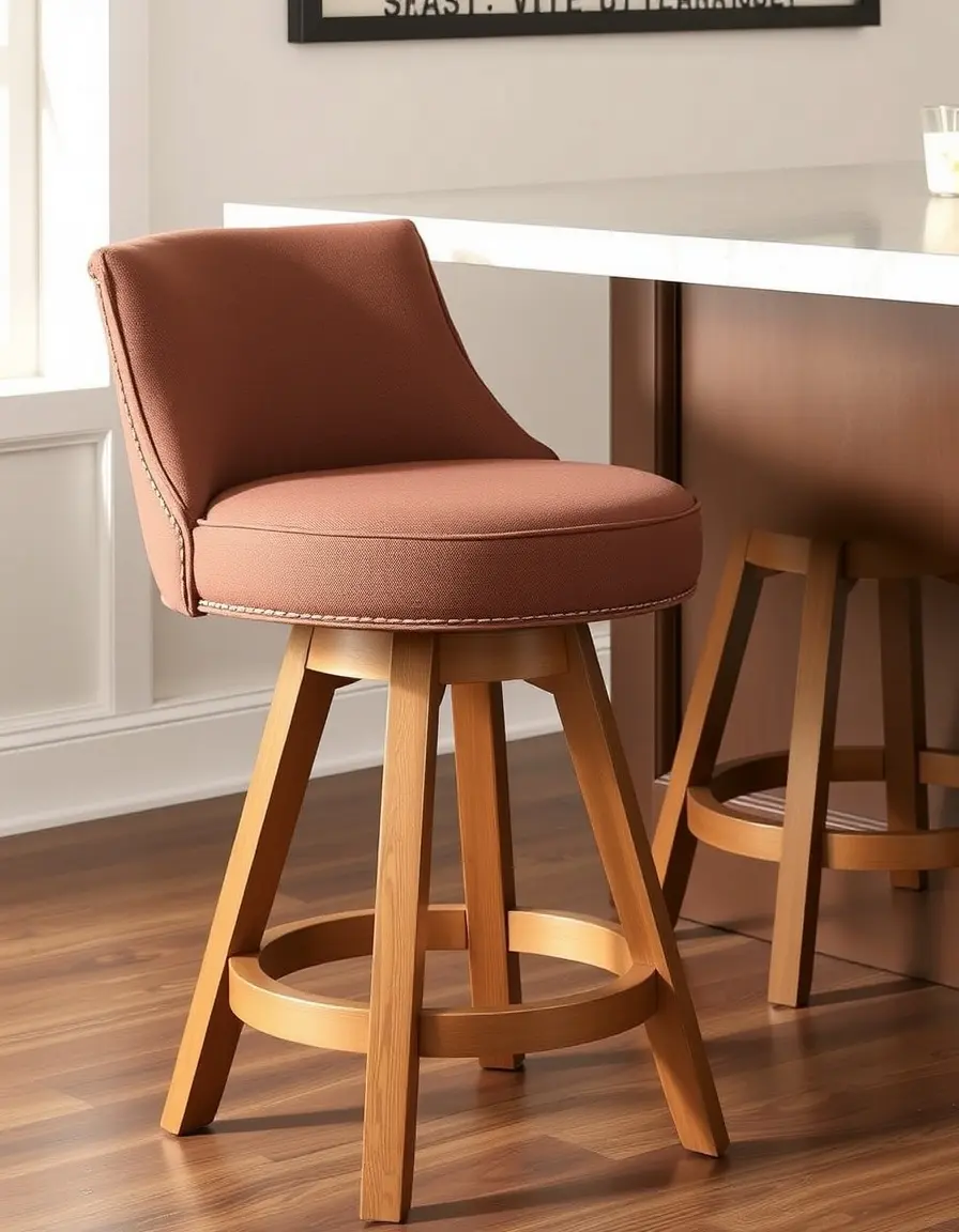 Swivel Bar Stools with brown fabric and wooden legs
