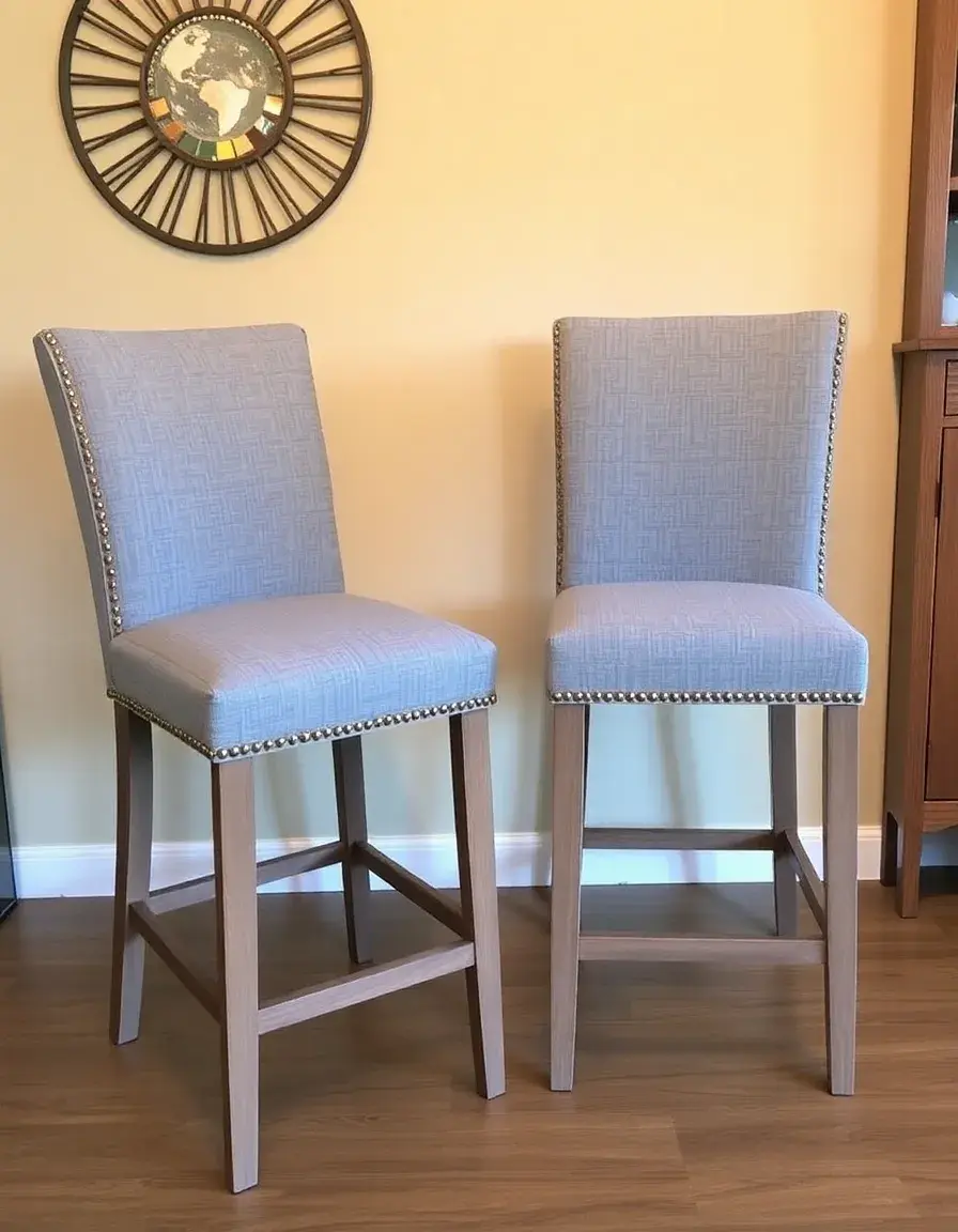 Upholstered Counter Chairs with gray fabric and nailhead trim