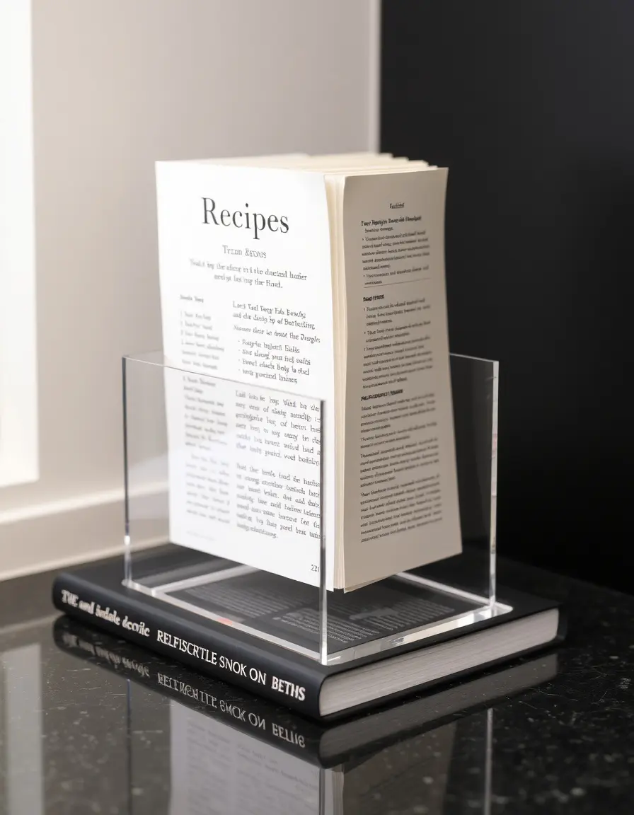Acrylic recipe book stand on a kitchen counter