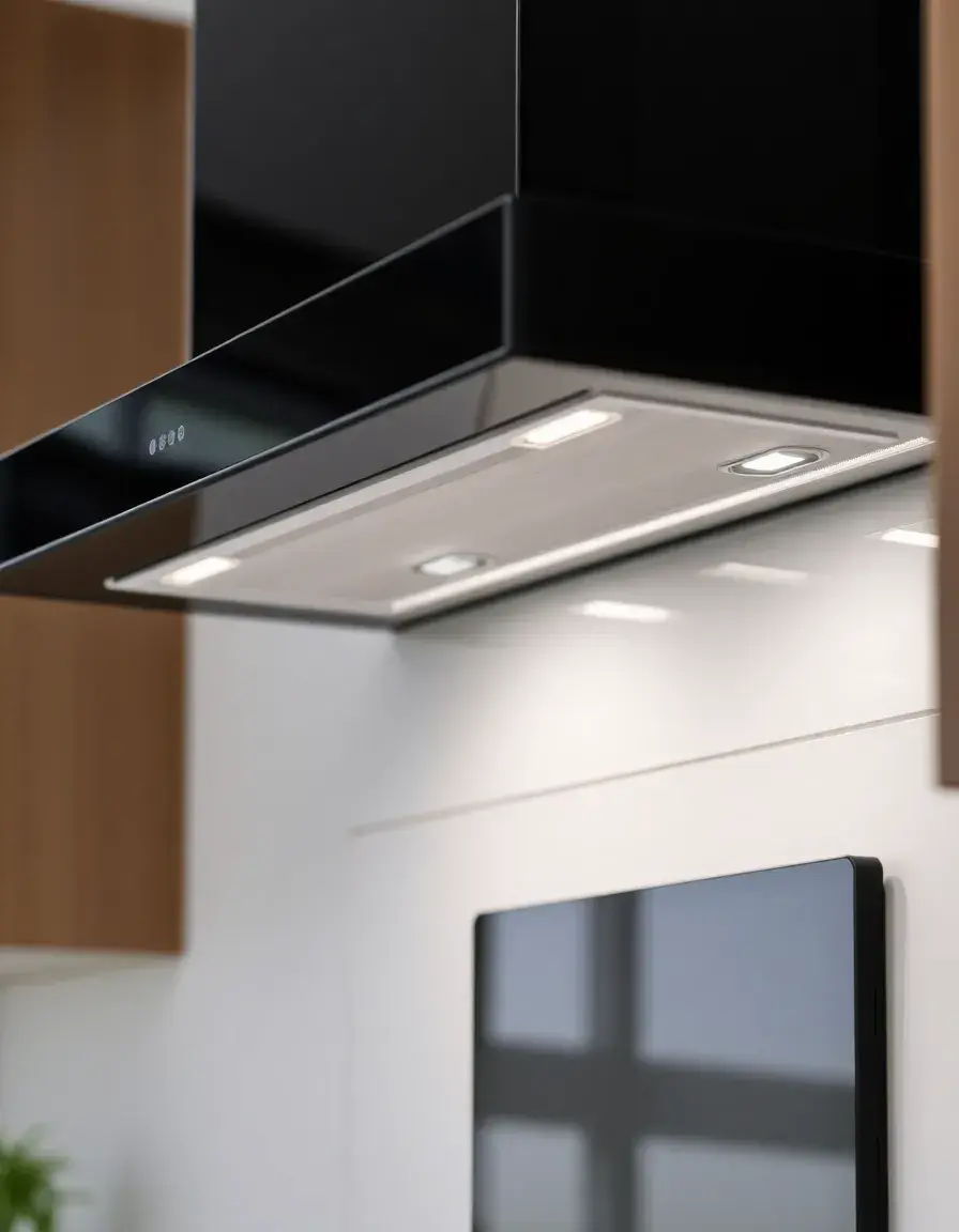Black glass wall mount ductless hood with touch controls