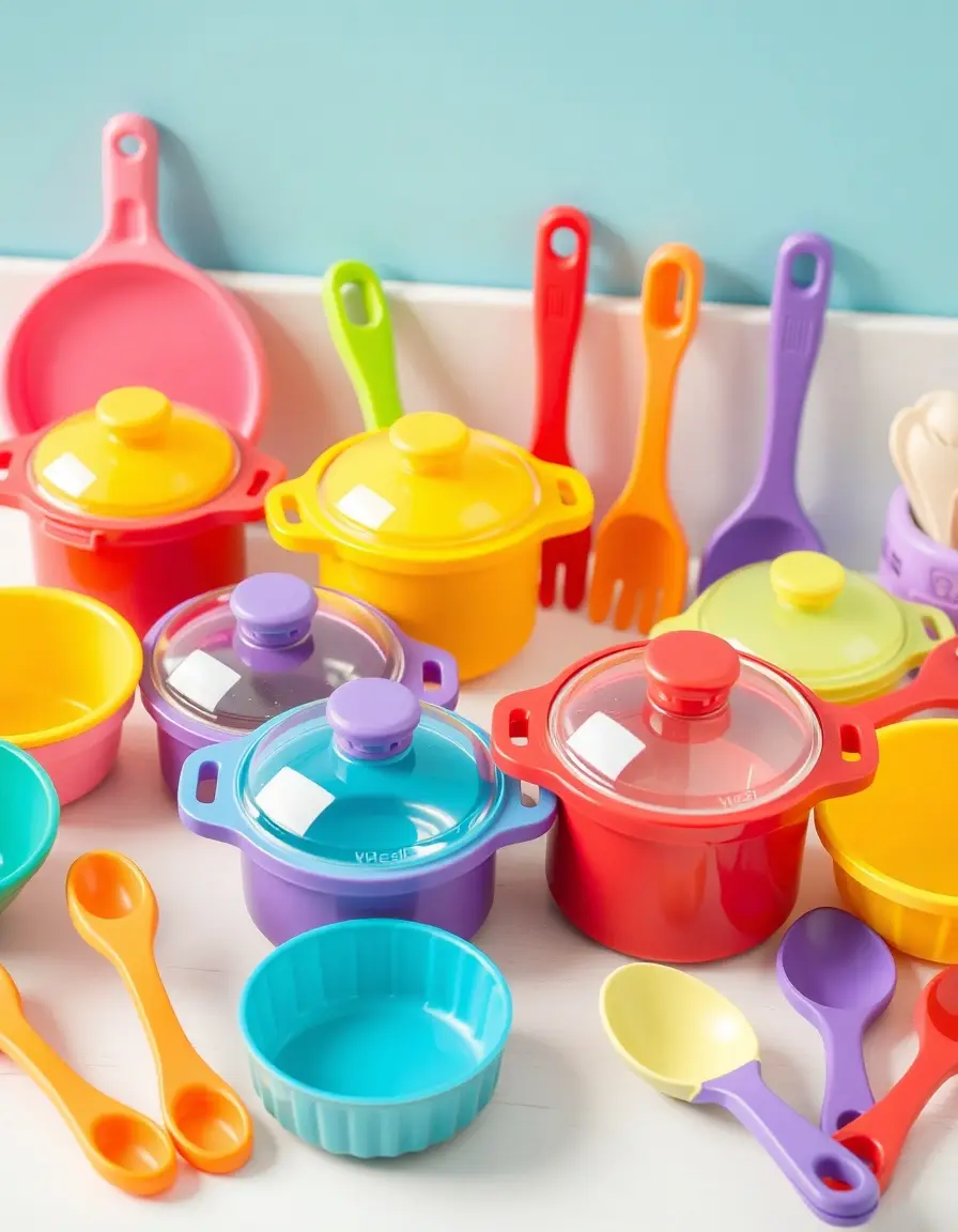 Plastic Utensil Set for Kids with colorful pots and pans