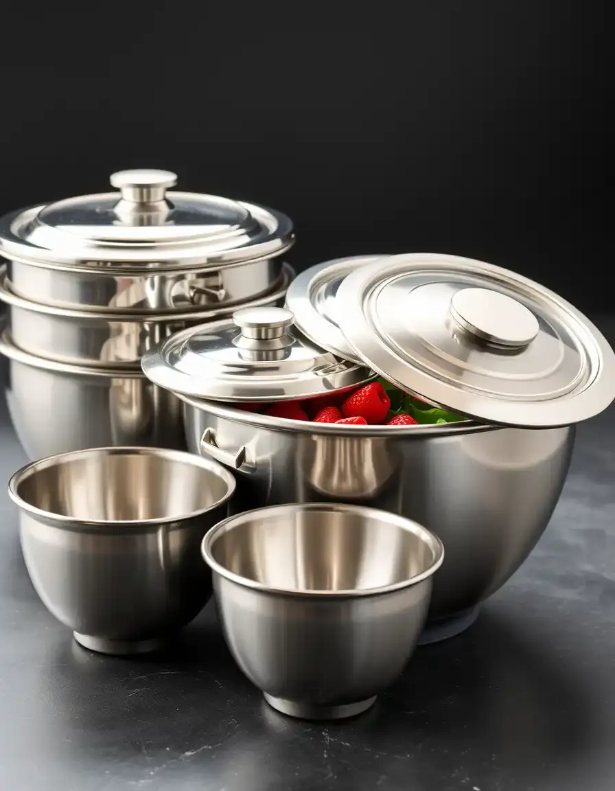 Stainless steel mixing bowls with lids and non-skid base