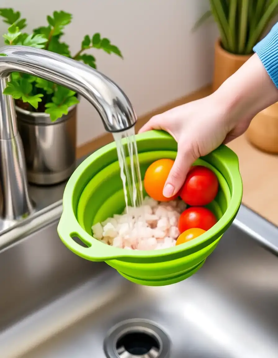 Collapsible green silicone colander