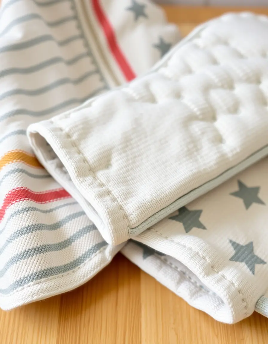 Cotton kitchen towel and oven mitt set in patterned fabric