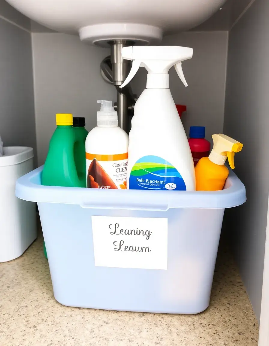 Plastic cleaning supply bin with handle