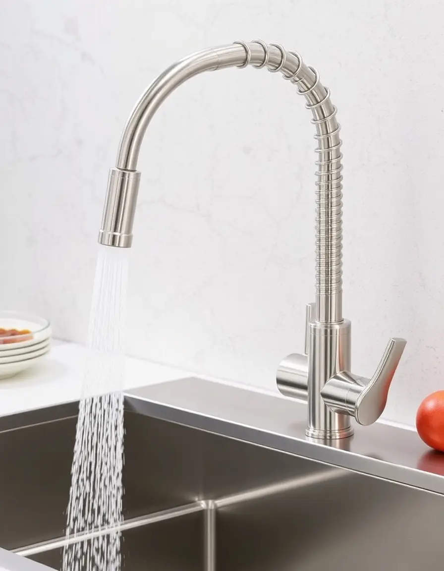 Commercial style high-flow kitchen faucet with coil sprayer