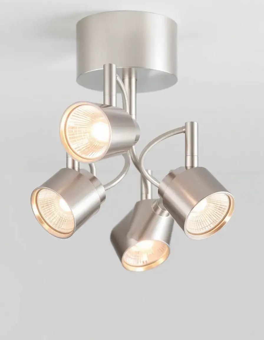 Brushed nickel flexible track lighting with 4 directional heads