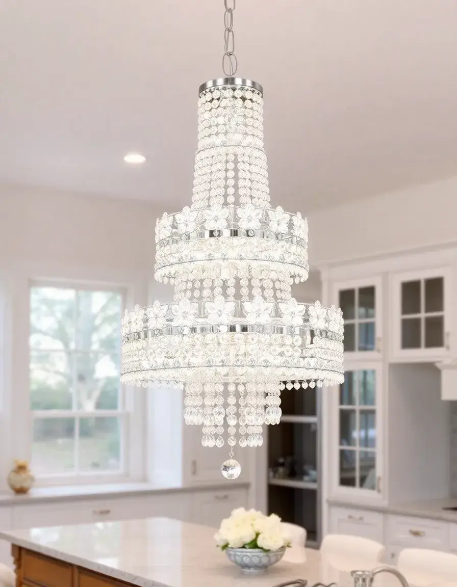 Multi-tier crystal chandelier for kitchen island with chrome frame