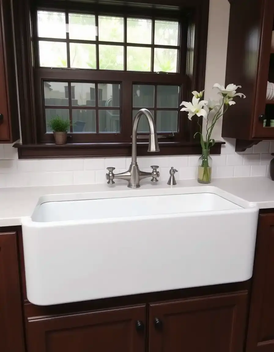 White ceramic double bowl farmhouse sink with apron front