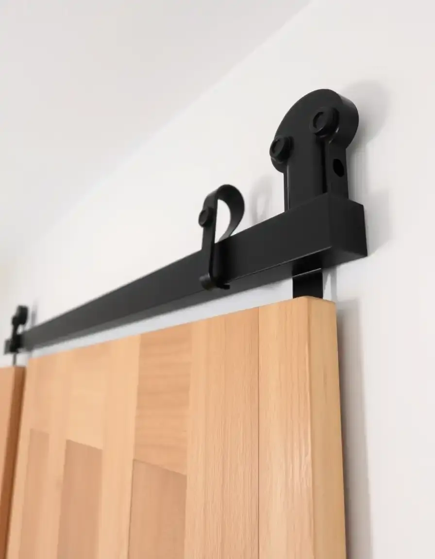 Black metal barn door track hardware with rollers