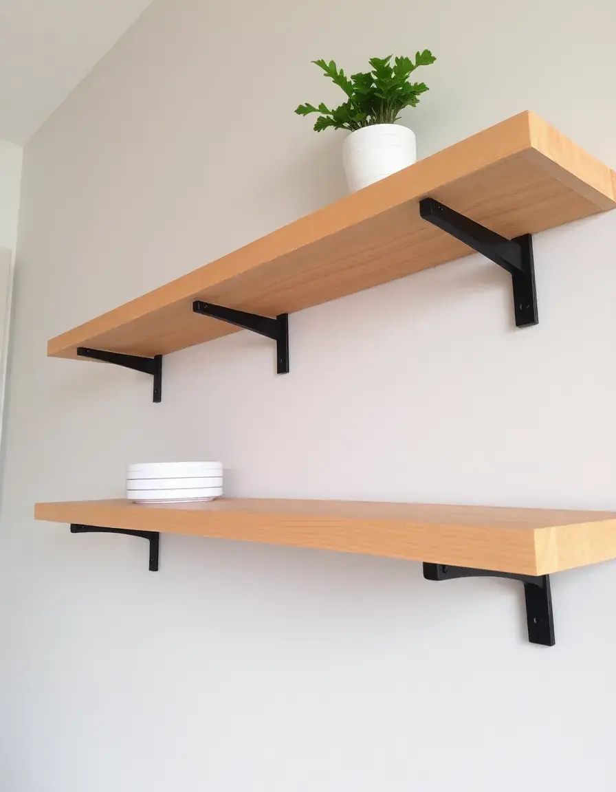 Floating natural finish wood shelves with black metal brackets