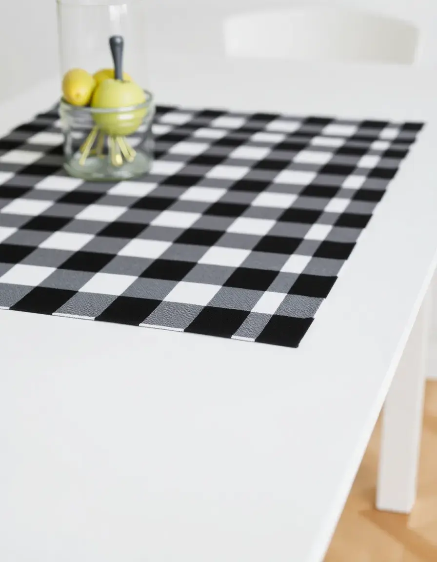 Black and white checkered cotton table runner on a wooden table