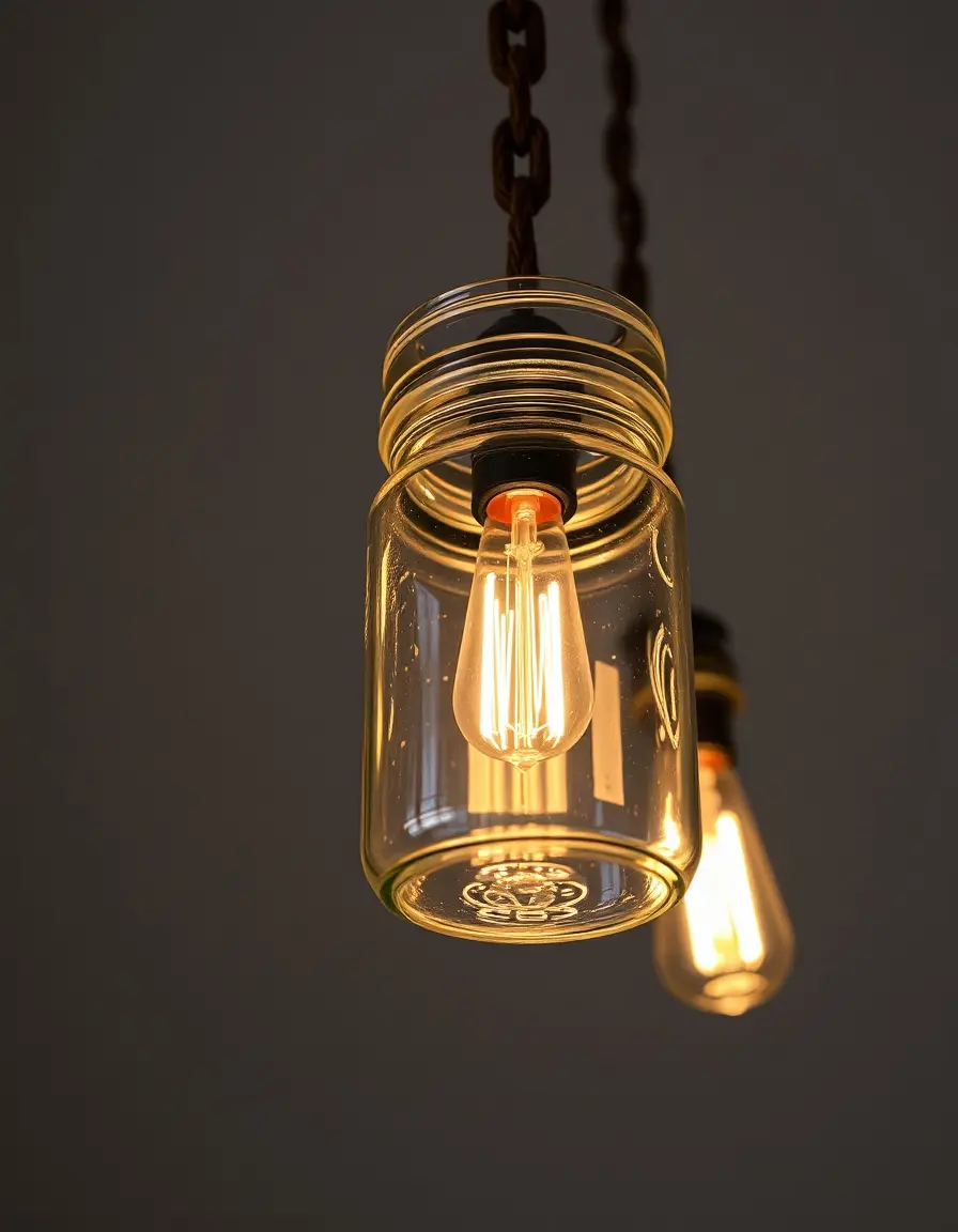 Pendant light fixture featuring three mason jars with Edison bulbs