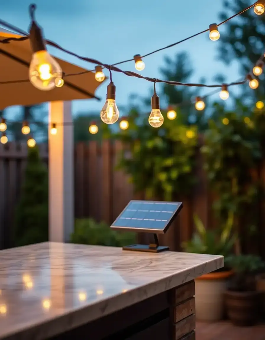 Solar LED string lights for outdoor kitchen